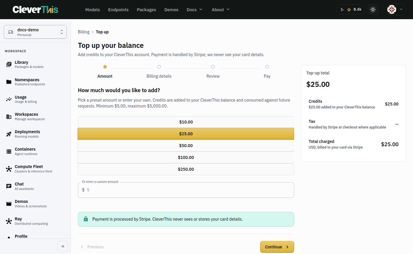 Add Credits / Top-up page