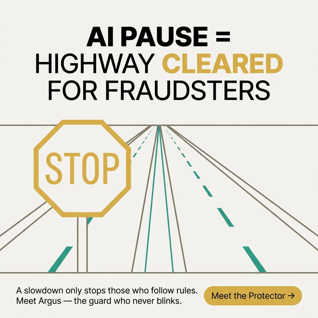 Minimalist graphic reading "AI PAUSE = HIGHWAY CLEARED FOR FRAUDSTERS", with a yellow octagonal STOP sign beside a long highway receding into the horizon and the caption "A slowdown only stops those who follow rules. Meet Argus — the guard who never blinks."